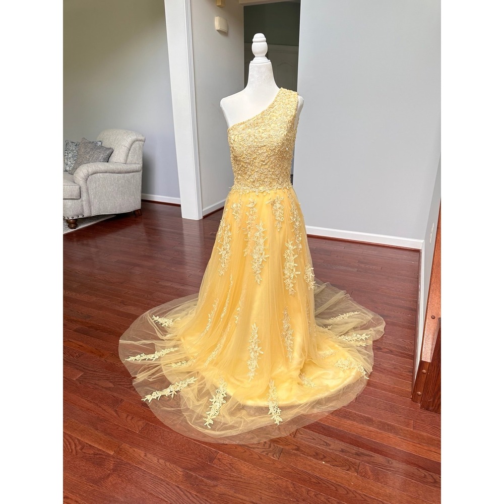Fanciest Yellow Wedding Dress Formal One Shoulder Floral Tulle Summer Luxury